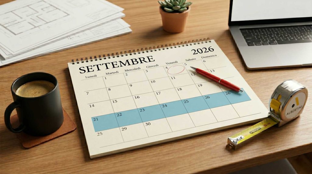 Calendario aperto sul mese di settembre 2026 appoggiato su una scrivania in legno, affiancato da planimetrie, una tazza di caffè e un metro a nastro con il logo Albertini Allestimenti.